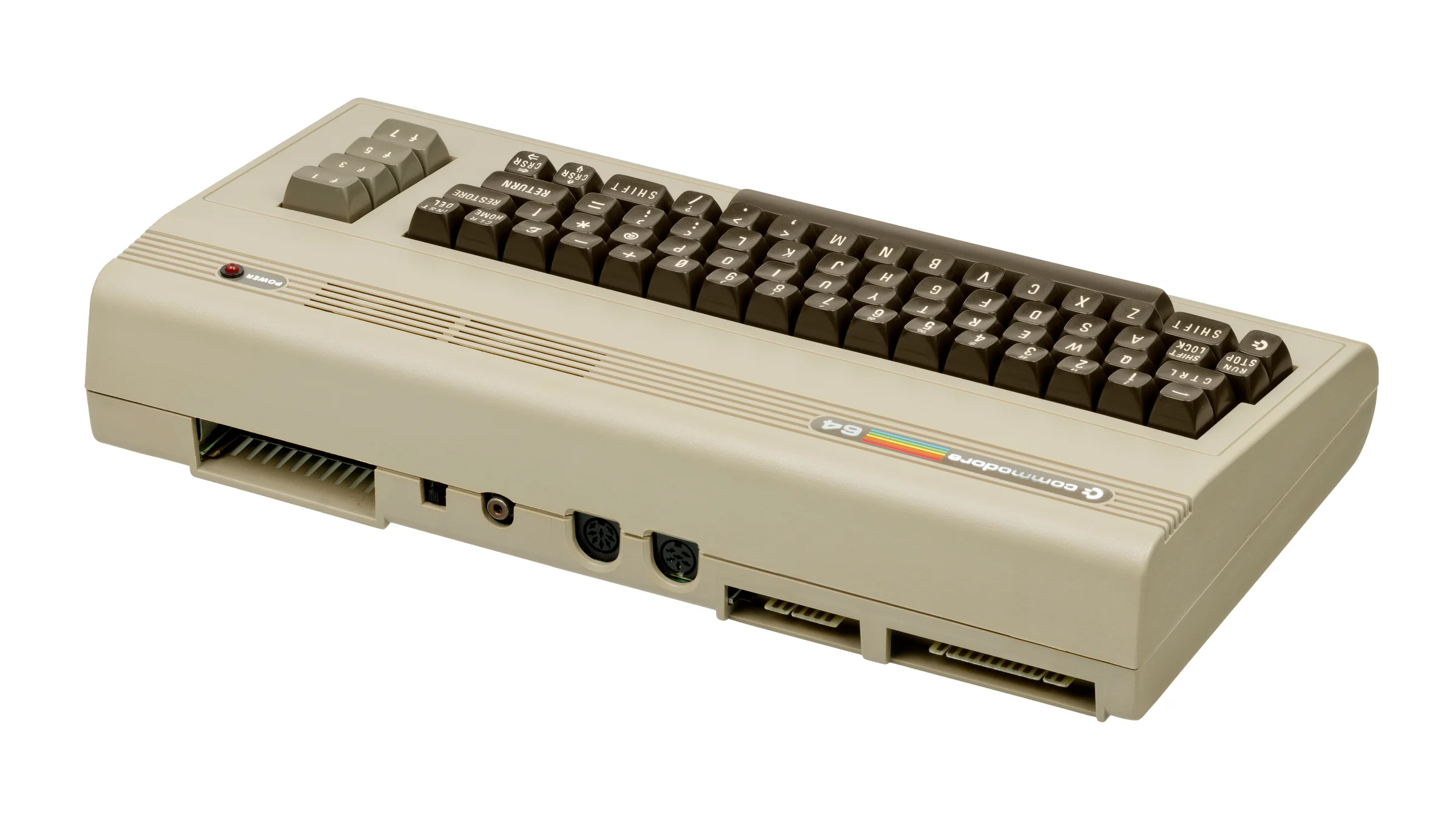 Commodore 64 vrijstaand, back-right aanzicht met poorten zichtbaar