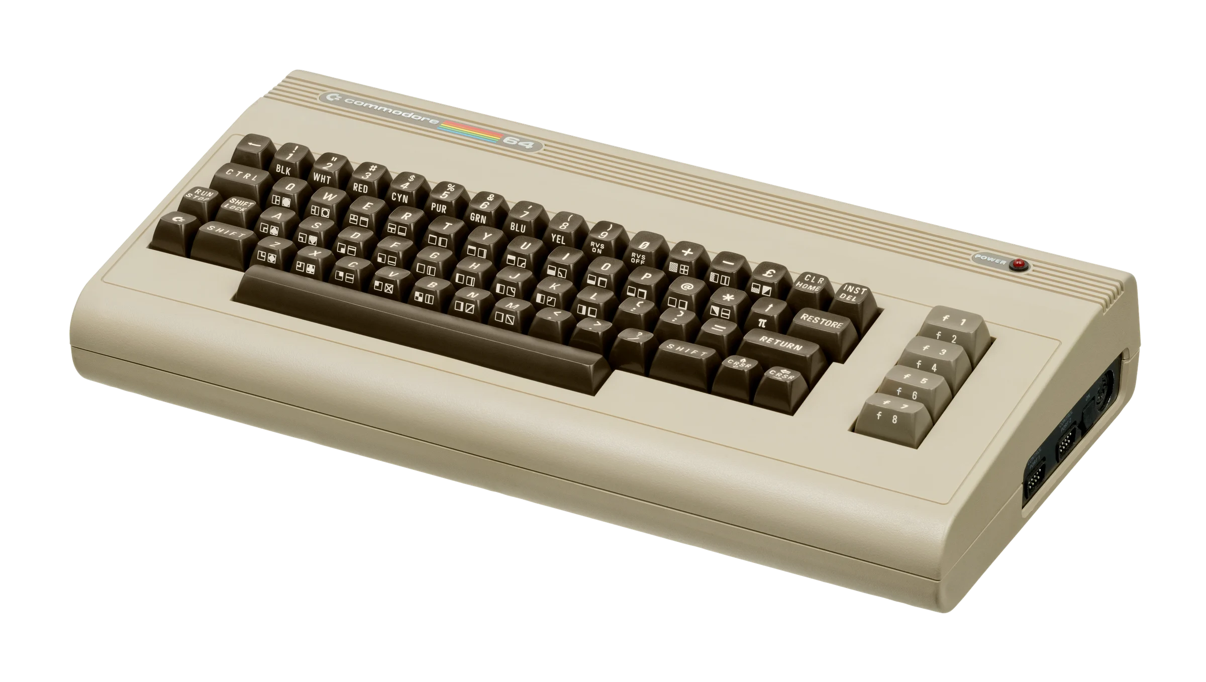 Commodore 64 (1982-model) vrijstaand, front-left aanzicht